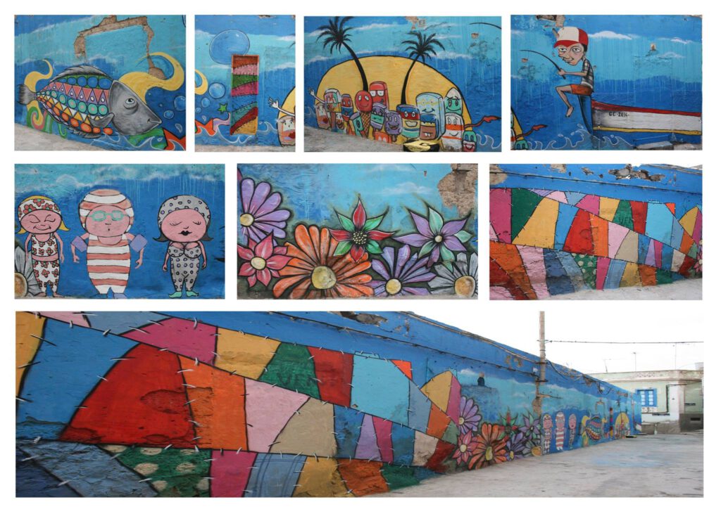 Collage de diversas fotos de un mural colorido con temática veraniega (bañistas, helados, palmeras...)